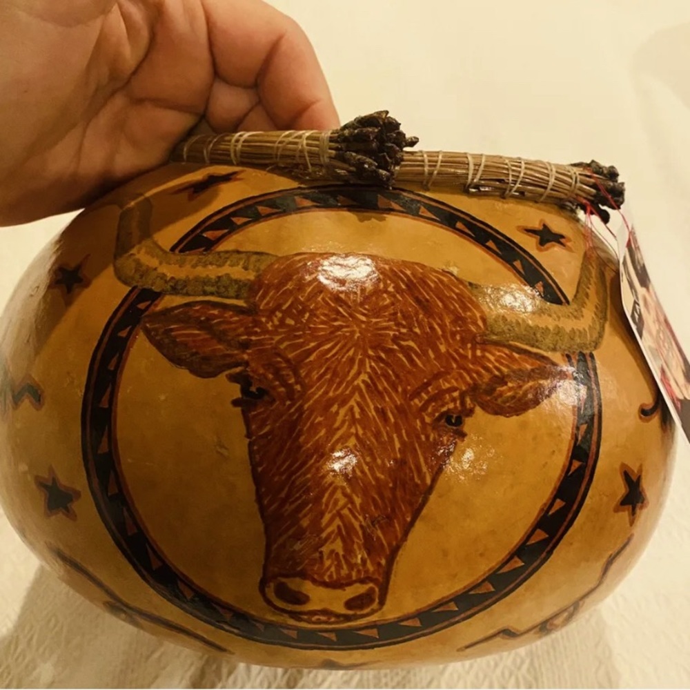Western Farm Ranch Decor Bull Hand painted, signed Gourd Bowl w Pine Needle Rim